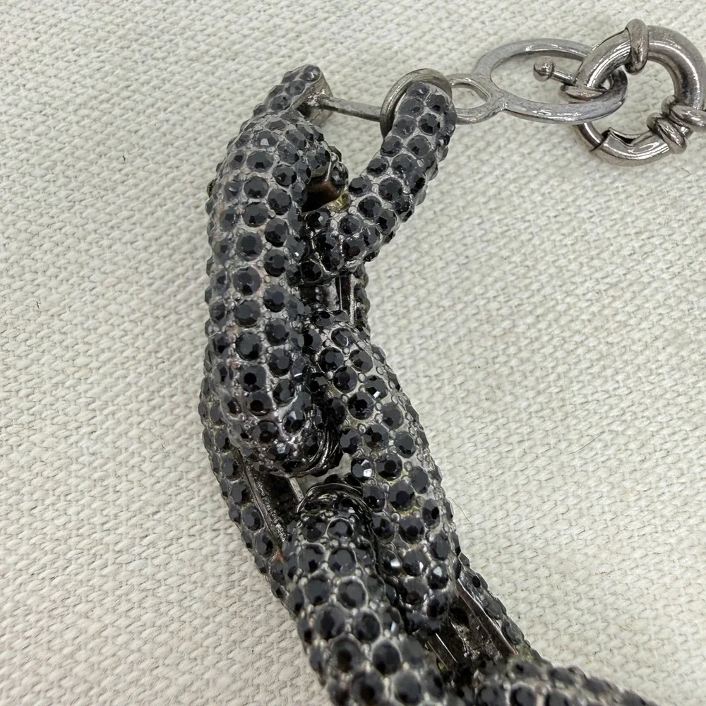 Chunky Link Bracelet Black Rhinestone Silver Tone Statement Bold‎ Sparkle